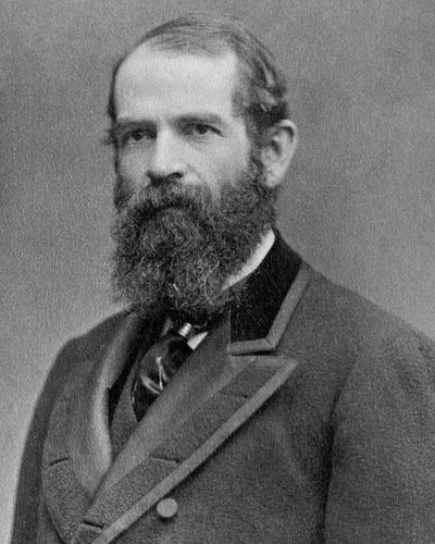 Jay Gould with dark hair and a full dark beard, in a suit and tie