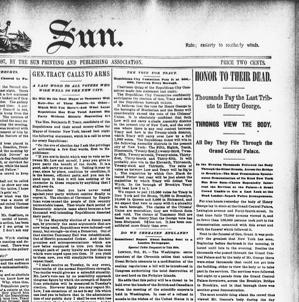 Part of the front page of The Sun for November 1, 1897. The right-hand column is headed Honor to Their Dead: Thousands Pay the Last Tribute to Henry George, Throngs View the Body.
