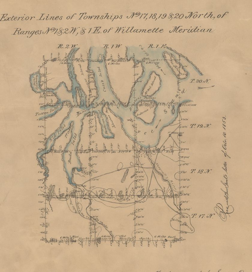 Hand-drawn survey plat in ink and blue wash on tan paper: a grid of township lines laid over the inlets and islands of southern Puget Sound, with handwritten measurements along every line